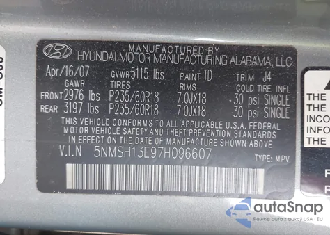 2007 Hyundai Santa Fe Limited/Se from USA, damaged, VIN 5NMSH13E97H096607